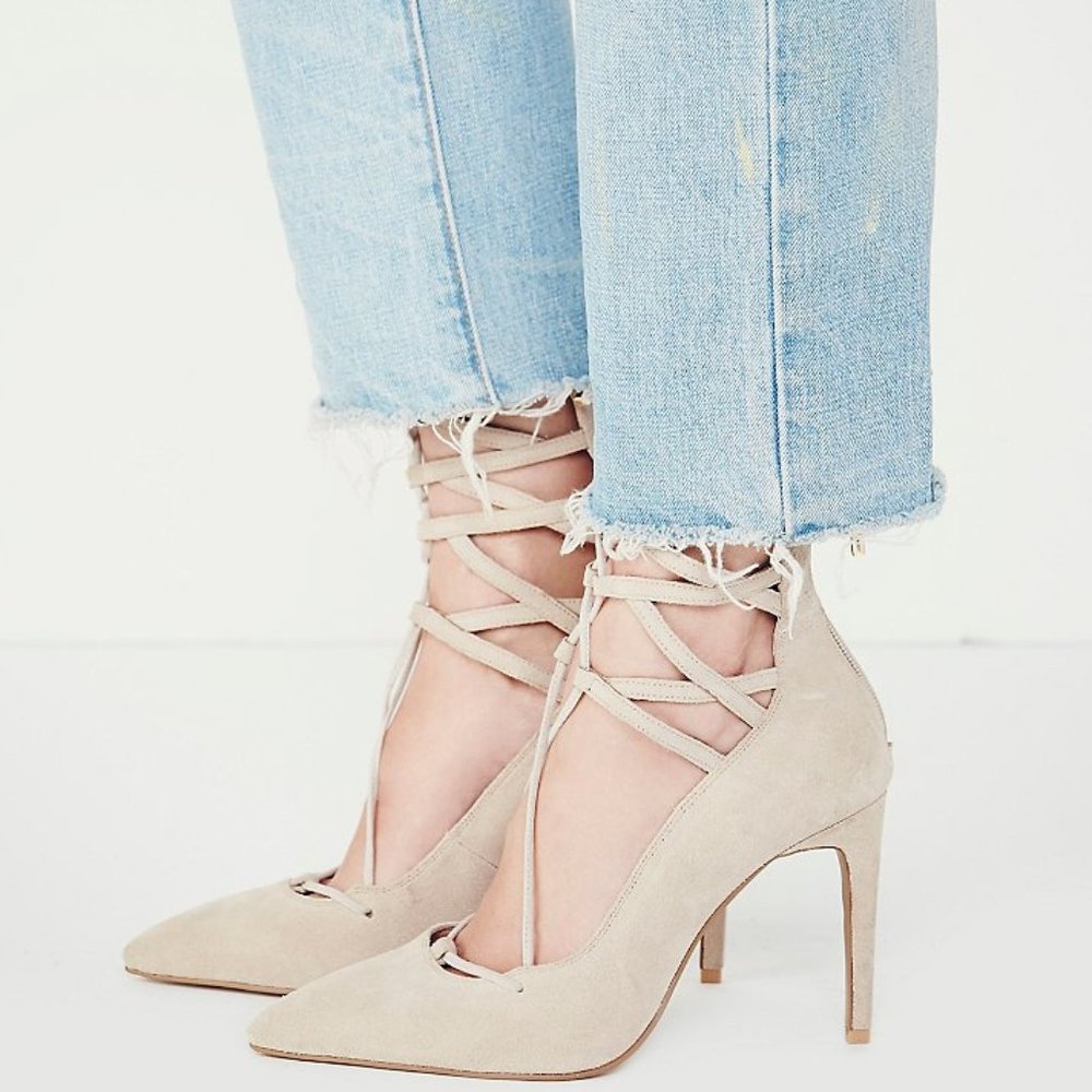 Free People x Jeffrey Campbell Hierro Heels Suede Beige Back Zip Stiletto Tan